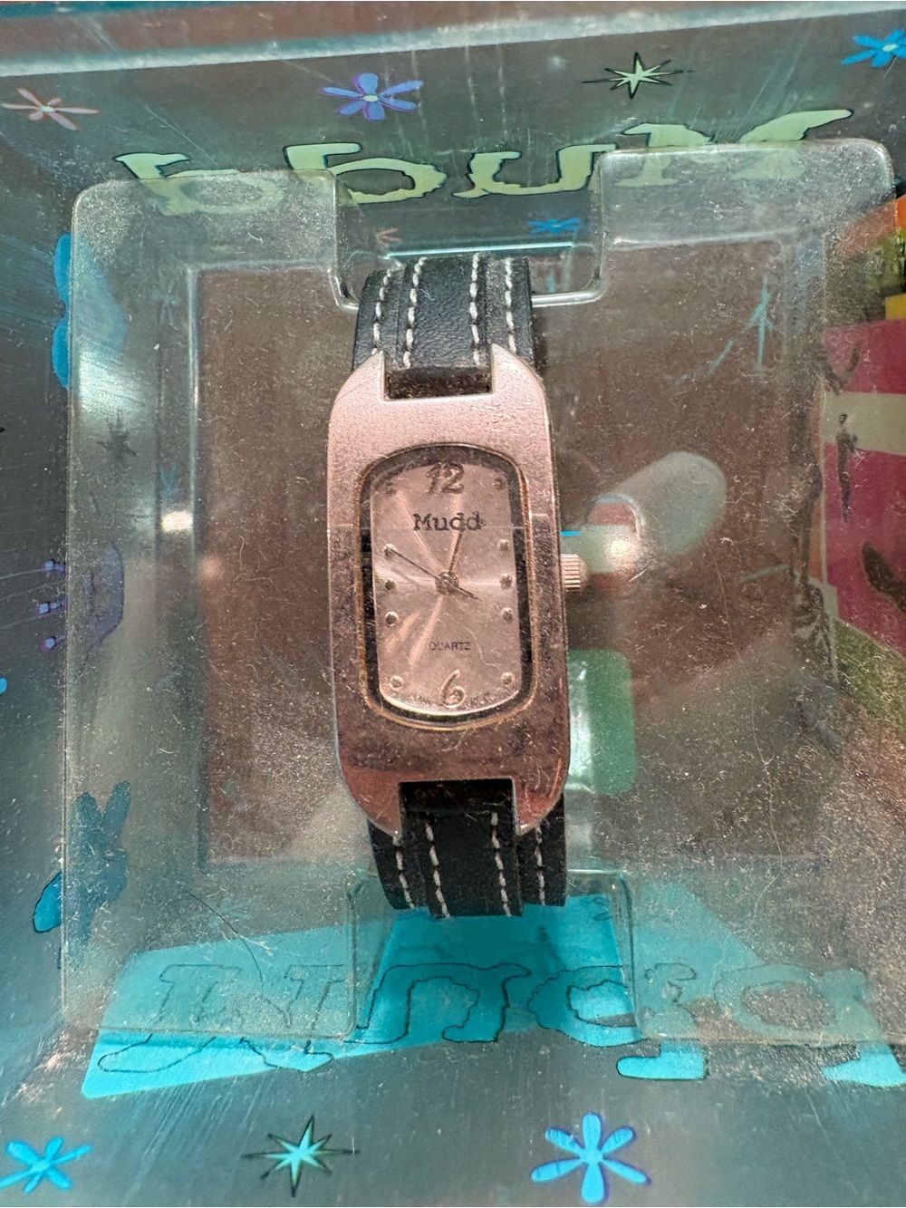 Y2K Mudd Quartz Watch Black Leather Strap Rectangle Face With Mudd Box